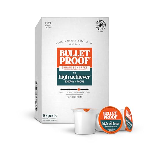 Bulletproof The High Achiever Single-Serve Pods, 10 count, Medium-Dark Roast Enhanced Coffee with Lion’s Mane Mushroom, B Vitamins, and Adaptogens for Energy and Focus, Packaging May Vary