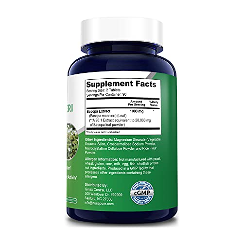 Nusapure Bacopa Leaf Monnieri Extract 20,000 Mg 180 Tablets (Extract 20:1, Non-Gmo & Gluten Free) #TOP1