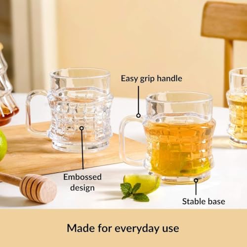 Image of Nestasia Transparent Glass Tea Cups Set of 6 (165ml Each) - Dishwasher Safe & 100% Food Safe Coffee Cups with Handle for Coffee, Tea, Hot & Cold Beverages | Geometric Embossed Design