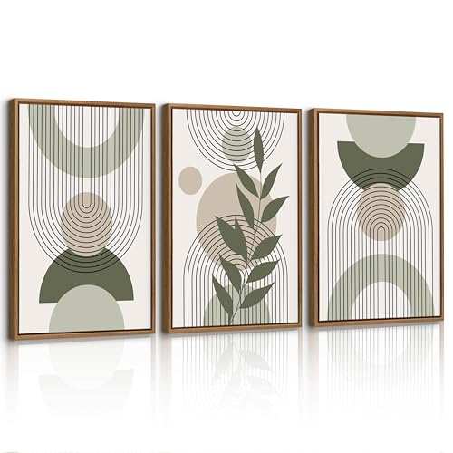 3 Pcs Boho Vert Sauge Plante Feuille Impression Sur Toile Avec Cadre, Moderne Esthétique Géométrique Lignes Tableau Decoration Murale Affiche Peintures...