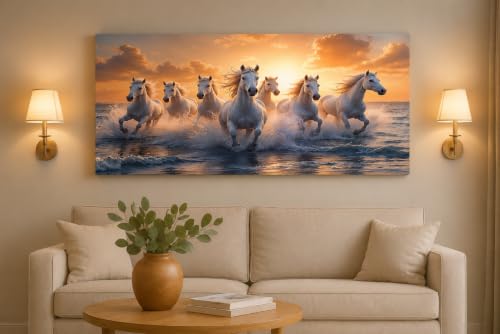 Image of 7 Horse Vastu Sunrise Canvas Painting | Positive Energy Wall Decor | Big Size Premium Running Horses Artwork for Home, Office & Hall Decoration (Modern, Water Pink Horse, 44x20 Inch)