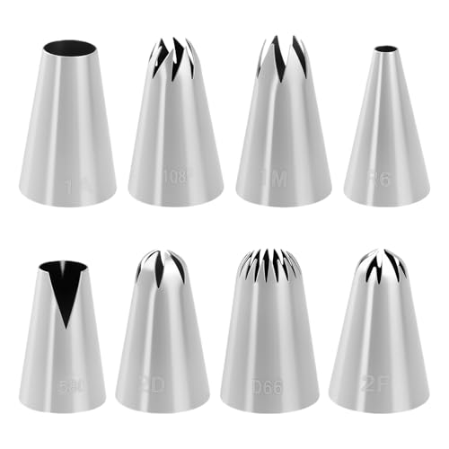 tiyiyok Grosse Douille Patisserie, Douille Patisserie Inox, 8 Pièces Douilles à Pâtisserie, Utilisé pour la Décoration de Cupcakes, Gâteaux, Glaces, Compatible...