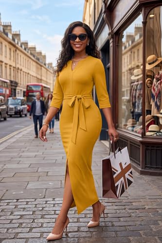 Image of Nmoder Maxi Dress for Women Long Church Cocktail Casual Dresses Colorblock Front Split 3 /4 Sleeve V Neck Pencil Dress