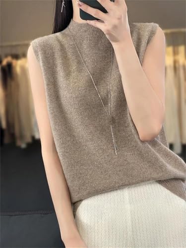 Women Mock Neck Knitted Waistcoat, Merino Wool Sleeveless Sweater2