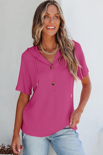 Image of Dokotoo Womens Summer Tops Waffle Knit Short Sleeve Lightweight Drawstring Hoodies Button V Neck Casual Blouses Shirts