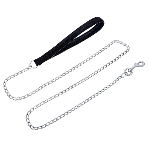 Metal Dog Leash 46 Inch Chew Proof Metal Chain Dog Lead with Soft Padded Handle for Small Medium Large Size Pets Walking Traffic Training Traveling 2.0mm x 4ft Black Handle
