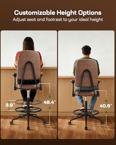 Image of Marsail Drafting Chair with Flip-Up Armrests and Footrest, Ergonomic Tall Office Chair, Height Adjustable High Chair, Brown Leather Seat with Thick Cushion, 360 Swivel, Pack of 4