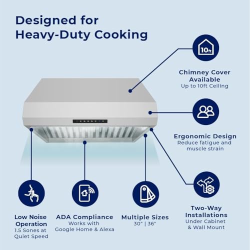 Image of Hauslane PRO Range Hood Under Cabniet 30 inch | Wall Mounted Range Hood 30 with Smart App Control Stainless Steel Kitchen Hood 1000CFM Touch Screen, LED Lights, Baffle Filters 2 Installation PRO500