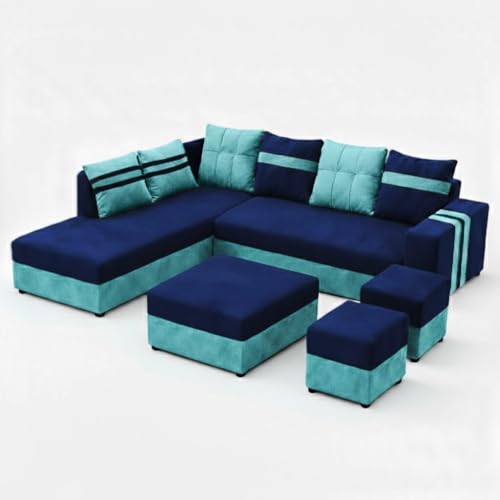 Image of Stova Luxe Velvet-Suede Fabric 8 Seater LHS L Shape Sofa Set | with 2 Ottoman & Centre Table| Comfortable & Spacious Seating | Modern Sofa Set for Living Room - Sky Blue & Dark Blue