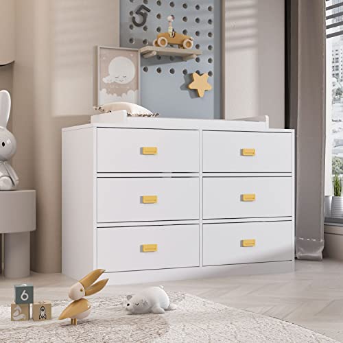 Image of DiDuGo Nursery Dresser Changing Table Dresser with 6 Drawers, Gold Metal Handles, for Nursery Room White (45.1" W x 18.9" D x 32.9" H)
