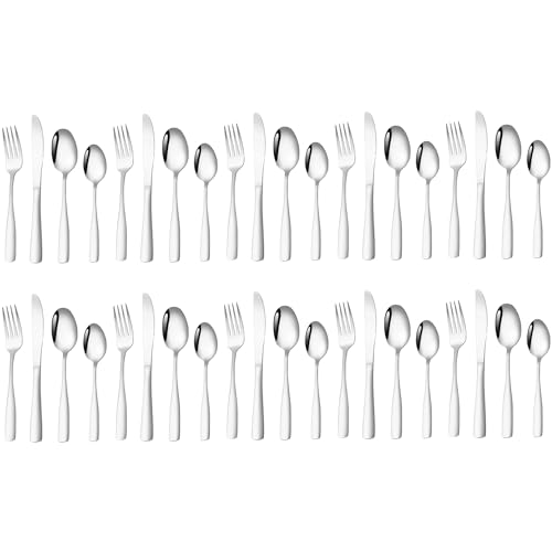 Image of aDai Sterling Silver Silverware Set, Satin Finish | 40-Piece Stainless Steel Flatware Set | Dishwasher Safe Kitchen Cutlery for Home, Restaurant & Gifting