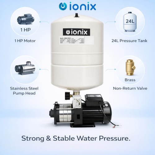 Image of IONIX 1 HP High Pressure Booster Pump with 24L Pressure Tank, Stainless Steel Multi Stage Pump Head, Grundfos Pressure Switch, Brass NRV & 5 Way Connector, Water Pressure Pump for Home & Overhead Tank