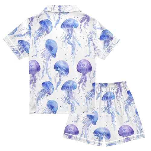 Watercolor Charming Jellyfish Pattern Summer Satin Pajama Set, Cute Button-Down Sleepwear Pj Set for Sleep Wears2