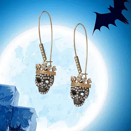 Halloween Gothic Skeleton Weird Skull Coronal Rhinestone Hanging Earrings, Skeleton Earrings, Skull Head Dangle Hook Earrings4