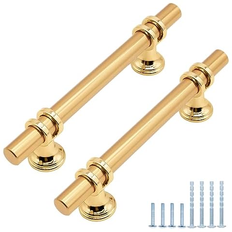 HANIHUA 10 Pack Gold Cabinet Handles Brushed Brass Cabinet Pulls, Gold Drawer Pulls Kitchen Cabinet Handles 3-3/4 inch (96mm), Modern Cabinet Hardware Dresser Handle for Cabinets Cover