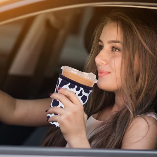Image of Reusable Insulated Neoprene Iced Coffee Cup Sleeve, Durable Drink Sleeve for Cold Beverages, Beverage Holder for Iced Coffee (Cowprint Chic)
