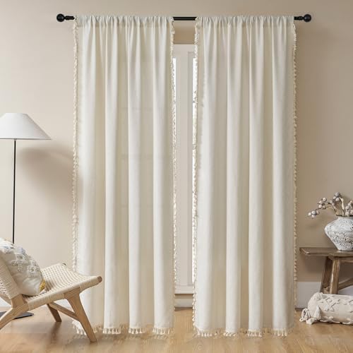 Image of Joydeco Linen Beige Boho Curtains 108 Inch, 2 Panels with Tassels | Super Soft Farmhouse Drapes, Semi Sheer Light Filtering, Natural Look for Bedroom Living Room, Modern Boho Decor