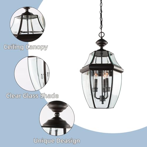 Image of Large Outdoor Pendant Light Fixture 3-Light, 20in Modern Bronze Outdoor Chandelier Hanging Porch Light, Metal Exterior Ceiling Mount Hanging Lantern with Clear Glass for Front Door, Entrance, Gazebo