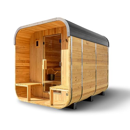 Backyard Discovery Lennon 4-6 Person Traditional Cedar Outdoor Cube Sauna with Porch Electric Sauna Heater Sauna Rocks Dry Heat Steam Sauna LED Lights Wi-Fi Control Sauna Accessories