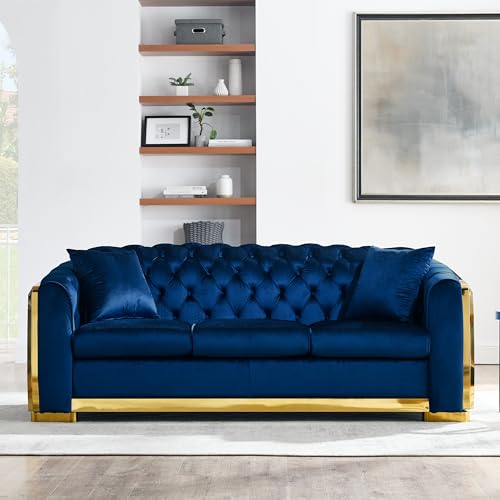 Image of KEIKI 84 inch Luxury Oversized Velvet Chesterfield Sofa with 2 Pillow & Gold Stainless Decoration, Italian Modern Style 3-Seater Button Tufted Couch with Rolled Arms, Easy Assembly, for Living Room, Navy