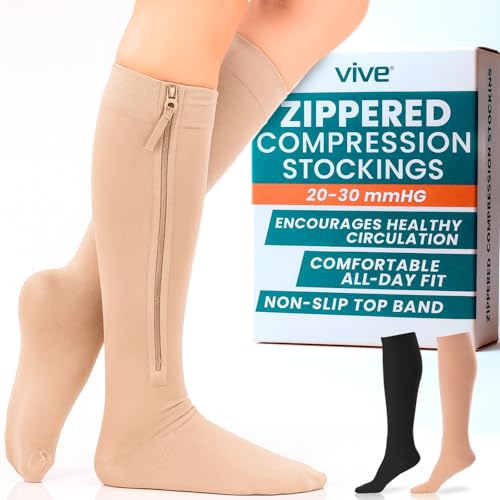 Vive Zipper Compression Socks Medical for Men & Women - 15-20 mmHg Knee High Stockings for Varicose Veins, Recovery, Edema, Post-Surgery Support - Elastic & Comfortable - Easy On for Elderly