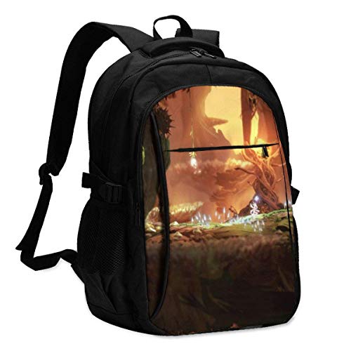 Ori and The Blind Forest Backpack Travel Mochila para portátil con Puerto de Carga USB Interfaz para Auriculares Mochila universitaria para Mujeres Hombres niños Business Travel Anti Theft Backpack