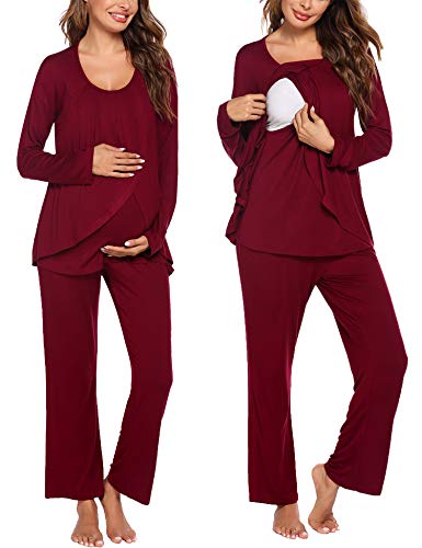 Image of Ekouaer Women's Maternity Nursing Pajamas Set Long Sleeve Pregnancy Pajama Breastfeeding PJS Sleepwear Wine Red Medium