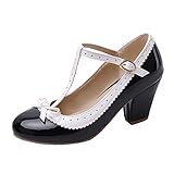 tstrap pumps schwarz T-spangen High Heels Pumps mit Blockabsatz und Riemchen Lack Rockabilly Cosplay Lolita Schuhe (Schwarz,40)