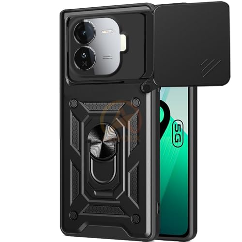 AELVOUX Armor Bumper Back Cover Case for iQOO Z9 5G Rotating Camera Cover, Ring Holder & Kickstand | Heavy Duty & 360 Degree Protection iQOO Z9 5G Back Cover (Black)