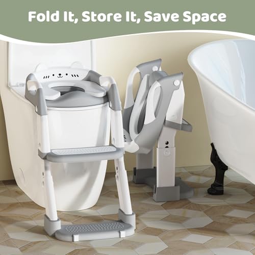 Potty Training Toddler Toilet Seat,Upgrade 3 in 1 Steps Stool,Multi-Functional Splash-Proof Guard,Foldable for Kids Boys Girls,Adjustable Toilet seat Toddler in Bathroom (Grey)