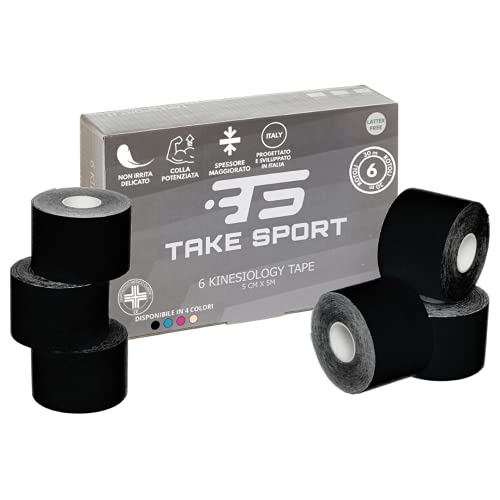 TAKE SPORT, NOVITÀ 2023! Kinesio tape, Nastro kinesiologico, Tape kinesiologico, Kinesio taping. 6 rotoli, 5 x 5m, 95% Cotone 5% Spandex, elastico. (color nero, rosa, azzurro, pelle)