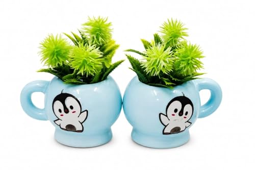 Image of Decorative Penguin Planter Cups Set of 2 with Artificial Green Plants - Cute Ceramic Desk Decor Pots for Living Room, Office & Shelf Styling