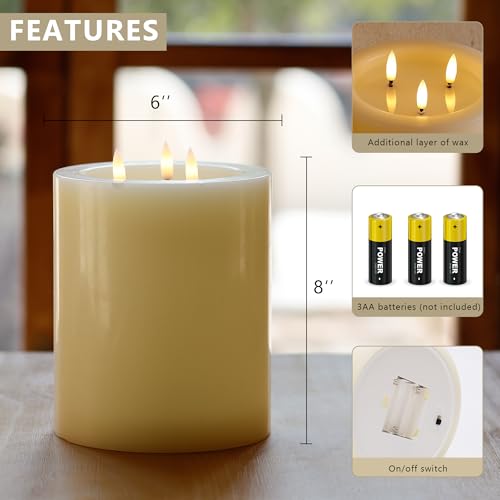 Image of 6 inchx8 inch Large Flameless Candles with Remote, Real Wax Big Battery Operated Candles with 3 Wicks, Flickering LED Pillar Candle for Tables, Mantle, Home, Wedding, Party Decor