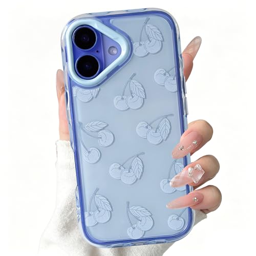 Lovmooful Compatible for iPhone 17 Case Cute Glossy Fruit with Wavy Edges for Girls Women Soft TPU+PC Shockproof More Protective Girly for iPhone 17 Case-Blue Cherry