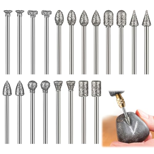 20Pcs Diamond Grinding Bit Set,3mm/1/8 inch Shank Drill Bits Stone Carving Sets Compatible with Dremel Rotary Sanding Tool Accessories for Grinding Stone Glass Ceramics Carving Polishing