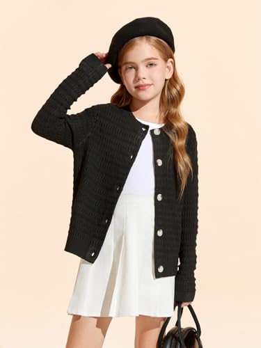 Image of Haloumoning Girls Button Down Cardigan Jackets Kids Long Sleeve Cable Knit Sweaters 5-14 Years Black