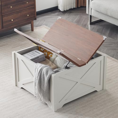 Karl home Square Coffee Table with Storage, Farmhouse Rustic White
