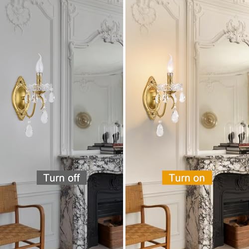 Image of Crystal Wall sconces Set of Two, Gold sconces Wall Set of 2, Vintage Crystal Wall Light, Candelabra Wall Sconce Light Fixture, Gold Brass Finish, 1-Light with Glass Drops