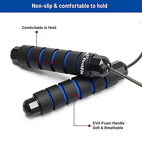 Image of FirstFit Jump Rope Tangle-Free Rapid Speed Jumping Rope Cable with Ball Bearings for Women, Men, and Kids, Adjustable Steel Skipping Rope with Foam Handles for Gym Fitness with Pair of 80gm Weight - Assorted Color