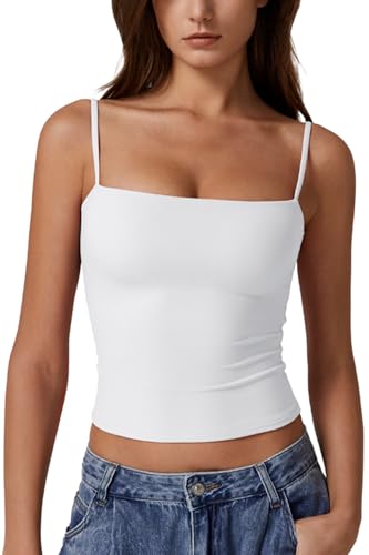 QINSEN Basic Tank Tops for Women Spaghetti Strap Double Lined Slim Fitted Camisole Going Out Tops White M
