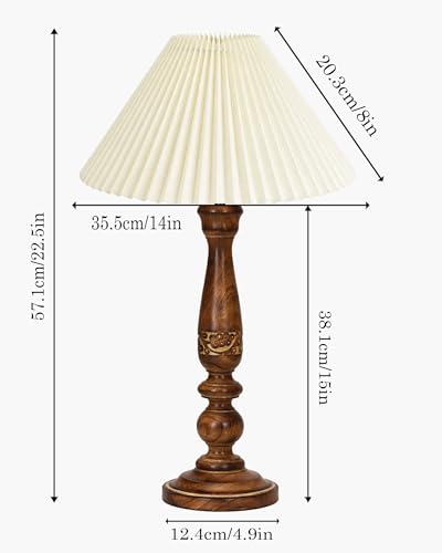 Image of Homesake Floral Carved Wood Table Lamp with Shade | Handcrafted Bedside Lamp, E27 Holder| Bulb Included |Warm Light Night Lamp, Bedroom, Living Room, Study & Home Decor, (Pleated Off-White)