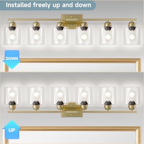 Image of Modern Brushed Gold 6 Light Bathroom Light Fixtures,38 inch Vanity Lights for Bathroom with Clear Glass, Vanity Light for Mirror Kitchen Living Room Hallway Cabinet Porch