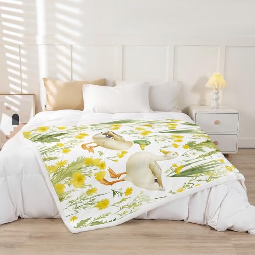 Homemissing Cute Farmhouse Duck Fleece Throw Blanket Single 50x60Inch Kids Duck Animals Plush Blanket for Bed Sofa Couch Boys Teens Daisy Sherpa Blanket Breathable Botanical Floral Blanket Natural - Image 2