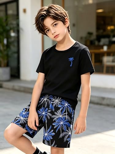 Image of Boys' 2 Piece Summer Outfit Cool Dinosaur & Camouflage Graphic Short Sleeve Tee & Shorts Set Size 4-12