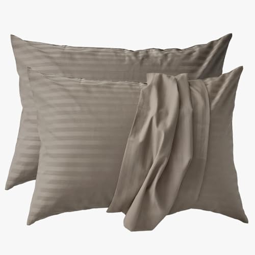 【Amazon.co.jp限定】 枕カバー 2枚組 日本製 綿100% サテンストライプ 防ダニ 超長綿 315本高密度生地 北欧 ホテル仕様 ピローケース シルクのような艶 エトワール (グレージュ×グレージュ, 50×70cm枕用)