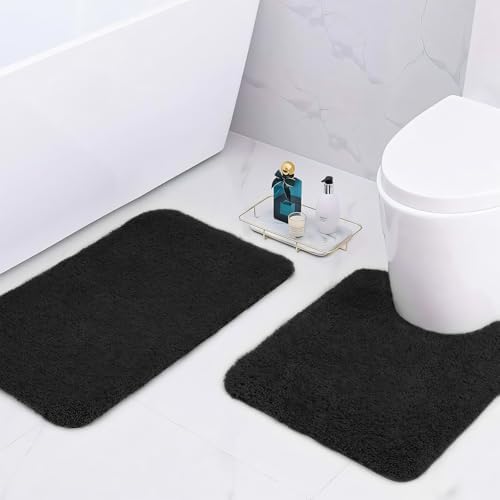 wyewye Badvorleger aus Mikrofaser, super dick, 2 cm, super saugfähig, 50 x 80 cm und 50 x 50 cm, U-Form, Schwarz