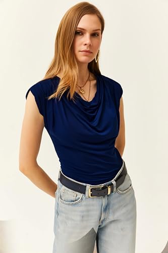 Image of SIGHTBOMB Ultra Soft Afford LUX Edition Draped Cowl Neck FRONTFLOW Gathered Ruched SOFTLINE Sleeveless TOP for Women