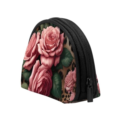 Portable Coin Purse Wild-Leopard-Floral-Rose-Print Mini Zippered Money Pouch Card Holder4