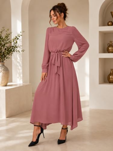 Image of LITZO Women's One Piece Dress - Georgette Solid Color Western Gown | Long Sleeve Round Neck Fit & Flare Flared Hem Design | A-Line Maxi Dress for Women | New Year Party Outfit (NO-14-16)
