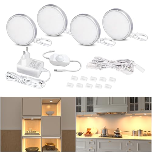 WOBANE Luz LED Cocina Bajo Mueble Regulable, 4 pcs Luces para Vitrina con Enchufe, Iluminación para Estanterías,Debajo Gabinete,Escaparate, Blanco Cálido 2700K